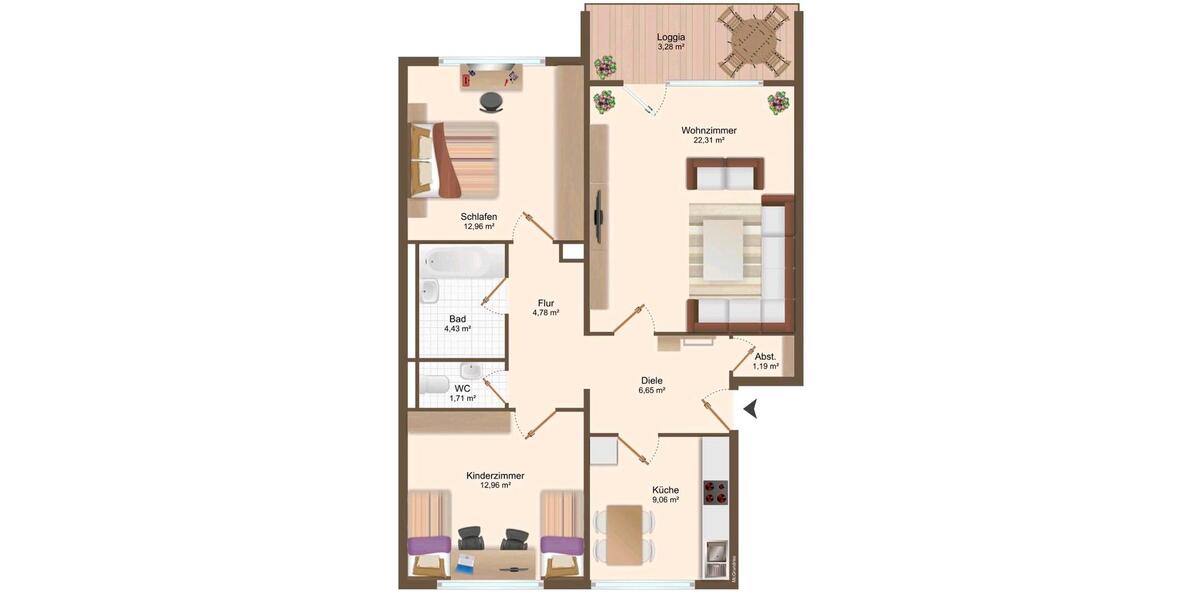 Etagenwohnung Offenburg Elgersweier - 3 Zimmer, 80 m&sup2;, 1.200&euro; | Angebot:26587048