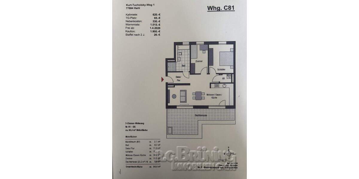 Etagenwohnung Kehl - 3 Zimmer, 84 m&sup2;, 620&euro; | Angebot:25820426